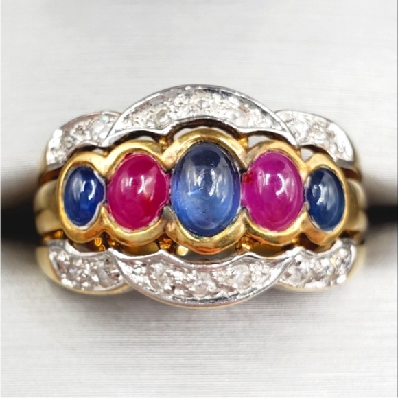 Jewelry - Genuine Oval Blue & Pink Cabochon Sapphire 14k gold / 925 Sterling Silver Ring